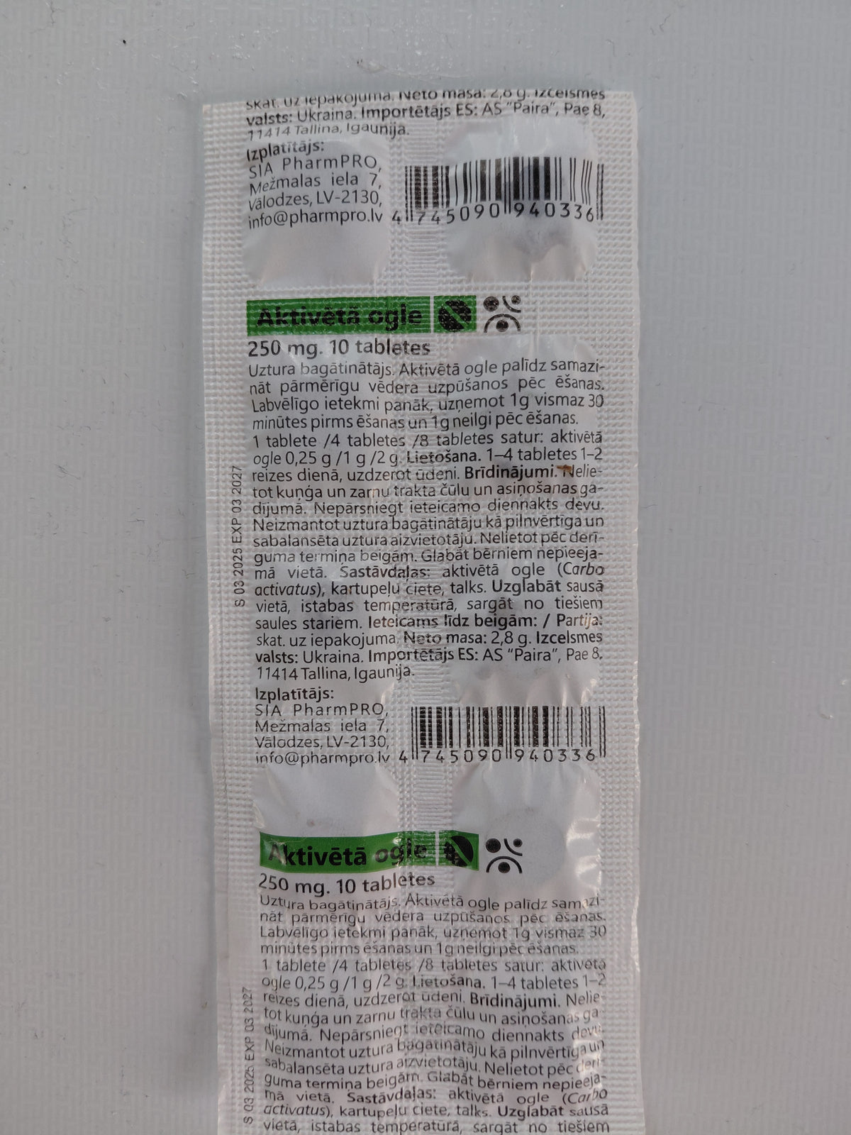 Activated Charcoal 250mg - 10 Tablets