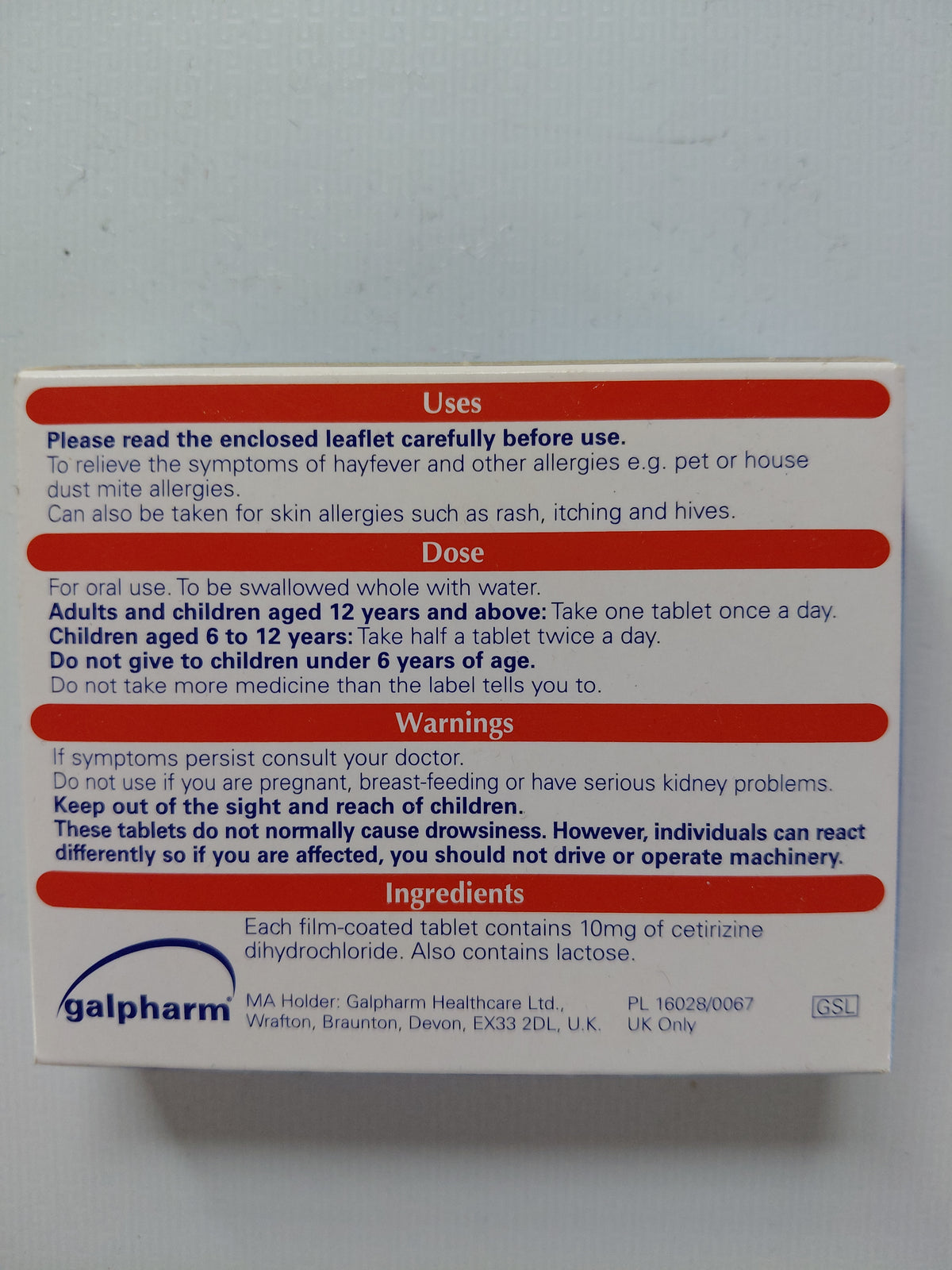 Galpharm Hayfever and Allergy Relief – Cetirizine Hydrochloride, 14 Tablets